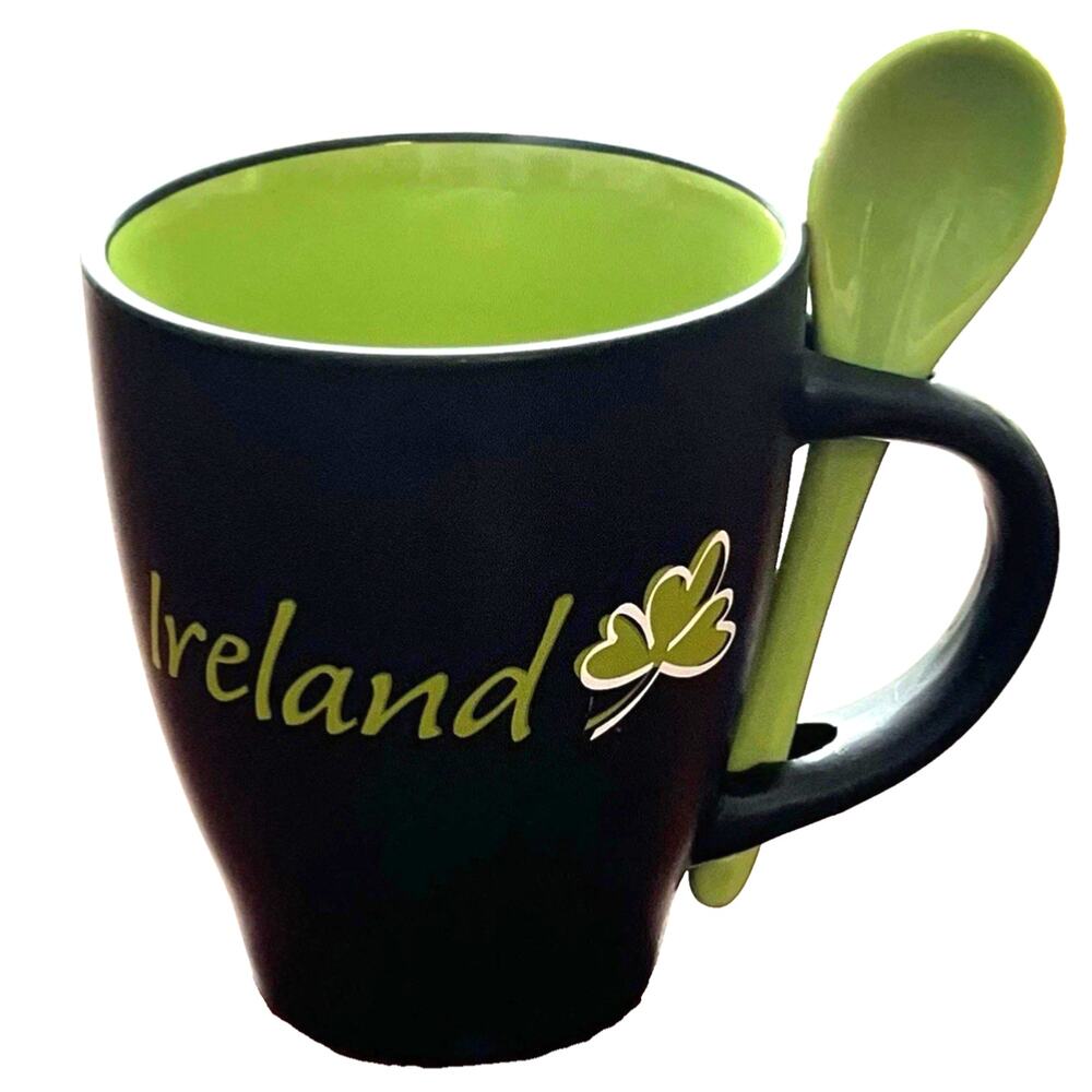 Ireland Souvenir Mug Ceramic Spoon Black & Green Matte Coffee Tea Cup 10 oz